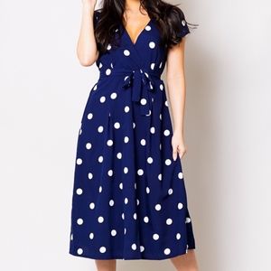 Navy | Polka Dot V Neck Midi Dress